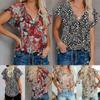Elegant Womens Summer V Neck Short Sleeve T Shirt Featuring Vibrant Floral Print Design