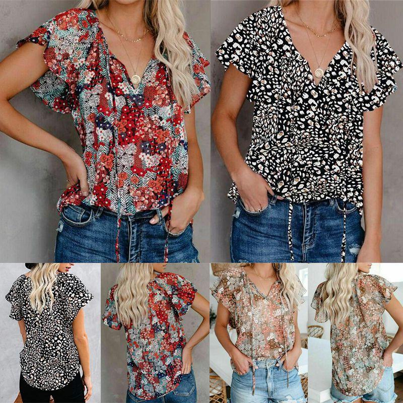 Elegant Womens Summer V Neck Short Sleeve T Shirt Featuring Vibrant Floral Print Design