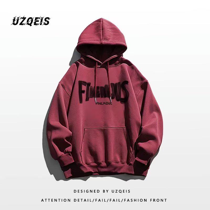 

Men s Trendy Autumn Wine Red Hooded Sweatshirt - Fleece-Lined Versatile Jacket for Couples M