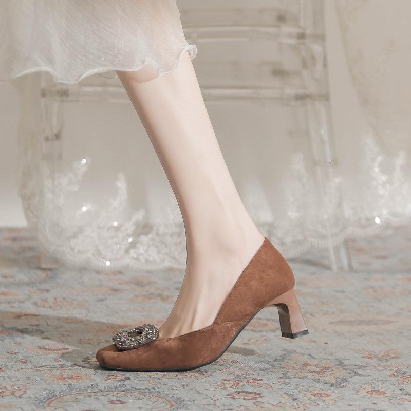 2169-1 Douyin Popular Women's Shoes Autumn and Winter Suede Thick Heel Square Head Comfortable Single Shoes Rhinestone Temperament Commuter High Heels