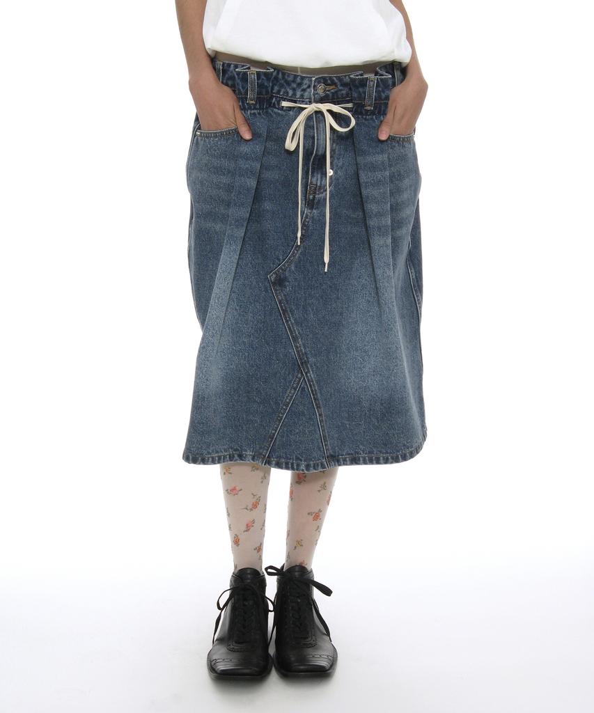 Partimento Woman Drawstring Denim Midi Skirt_Mid Blue