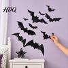 Reusable Halloween Stickers 12Pcs Bats Wall Decals 3D Bat for Home Decor Bright Color Pumpkin Decal 4 Size Waterproof Black Spooky Bedroom