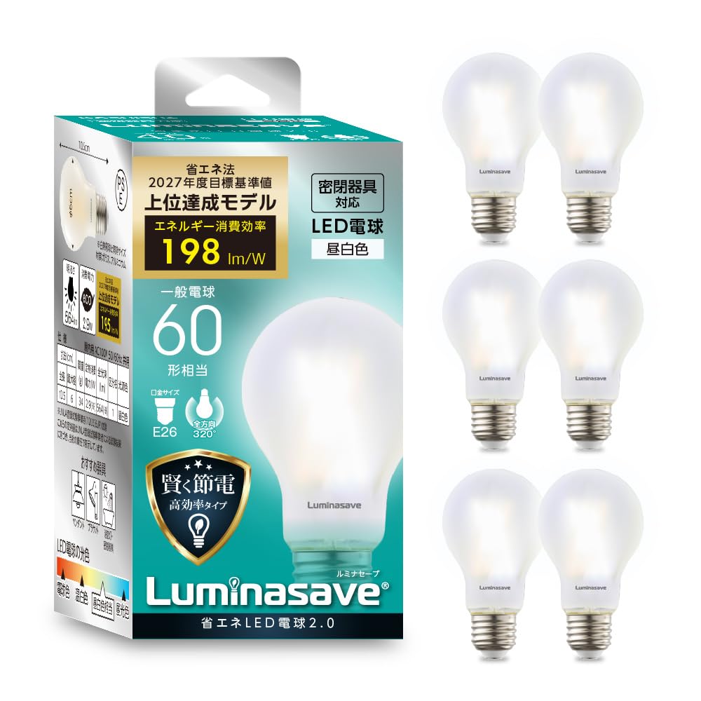

Doshisha Lumina Save LED Bulbs, 60W Equivalent, Daylight White, E26, Set of 6, Compatible with Sealed Fixtures, 320° Omnidirectional Brightness, 877lm