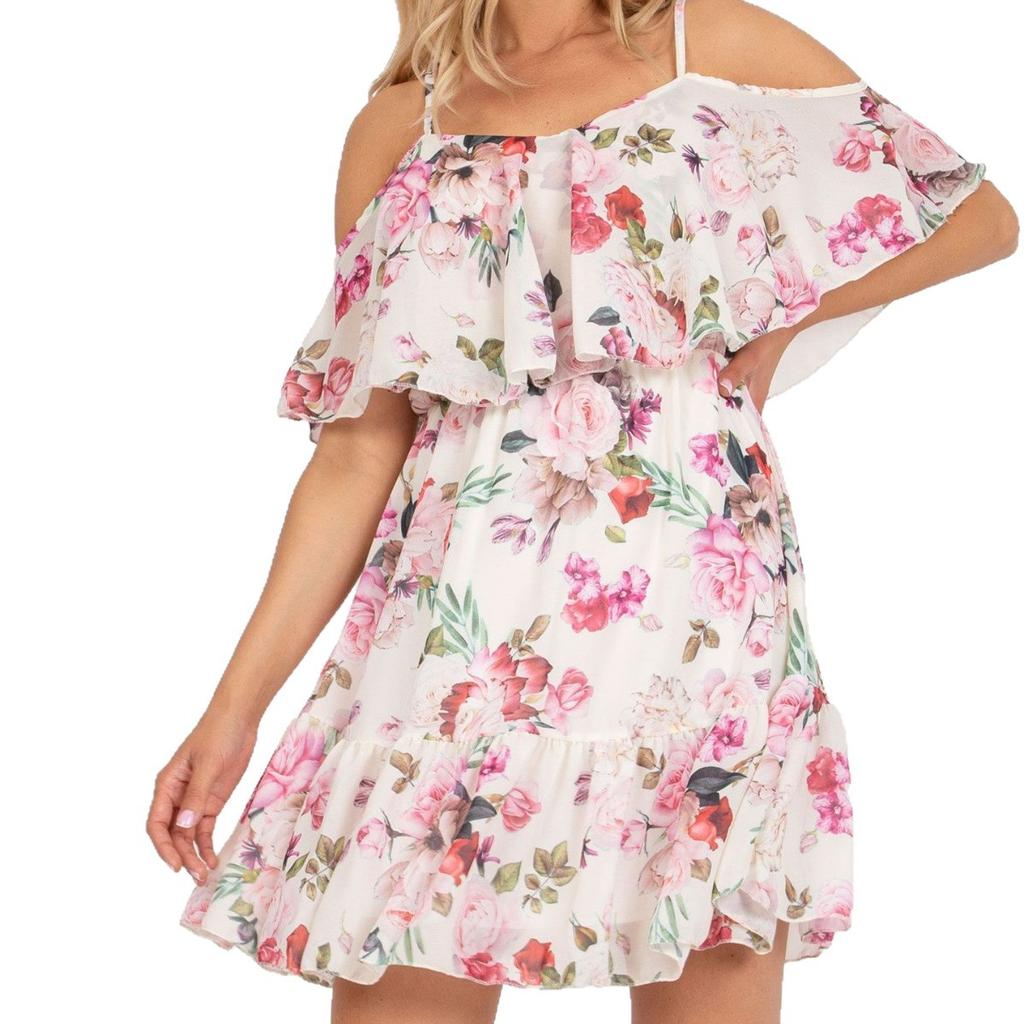 European and American floral A-shaped dress, off-the-shoulder suspender ruffle edge short waist romantic beach dress