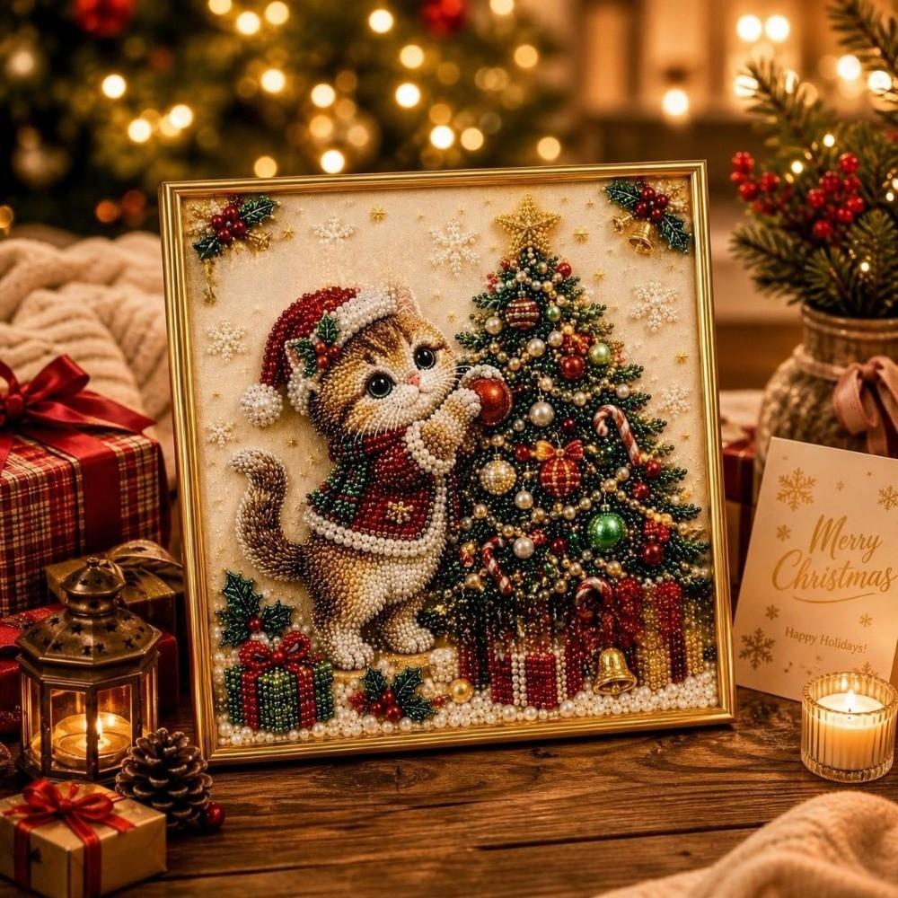 Handmade DIY Pearl Bead Art Kit Cartoon Cat Santa Crystal Painting Set Christmas Decor Winter