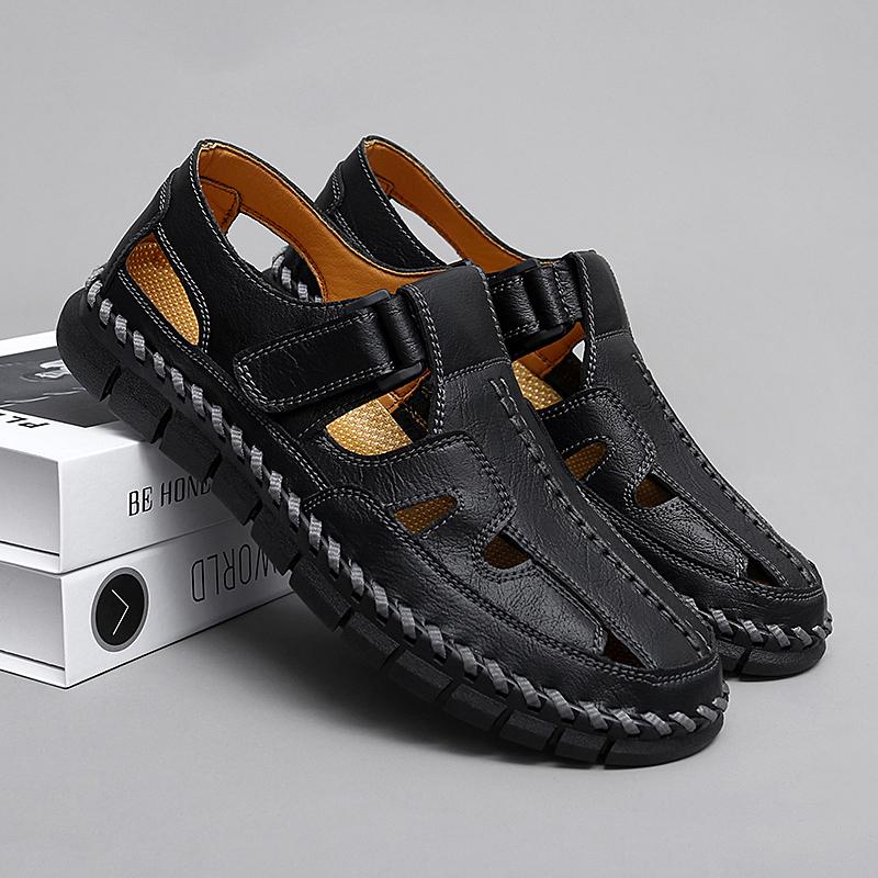 

Summer Hollow Breathable Loafers Men s Outdoor Comfort Flat Leather Sandals Quality Soft Sole Commuting Walking Handmade Sandals 47 чёрный