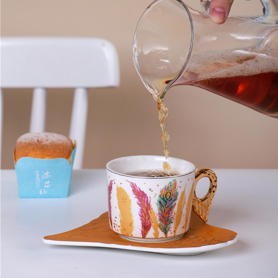 Personality European Lovely Feather Pattern Style Coffee Mugs Ceramic Home Office Milk Water Tea Cup + Saucer Plate Dish Set
