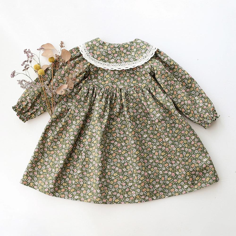 Spring Vintage Floral Kids Girl Dresses Toddler Girl Long Sleeve Dresses Children Baby Clothes