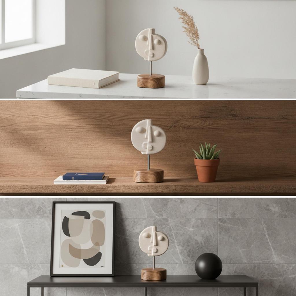 Abstract Face Figurine Minimalist Tabletop Statue with Wood Base Modern for