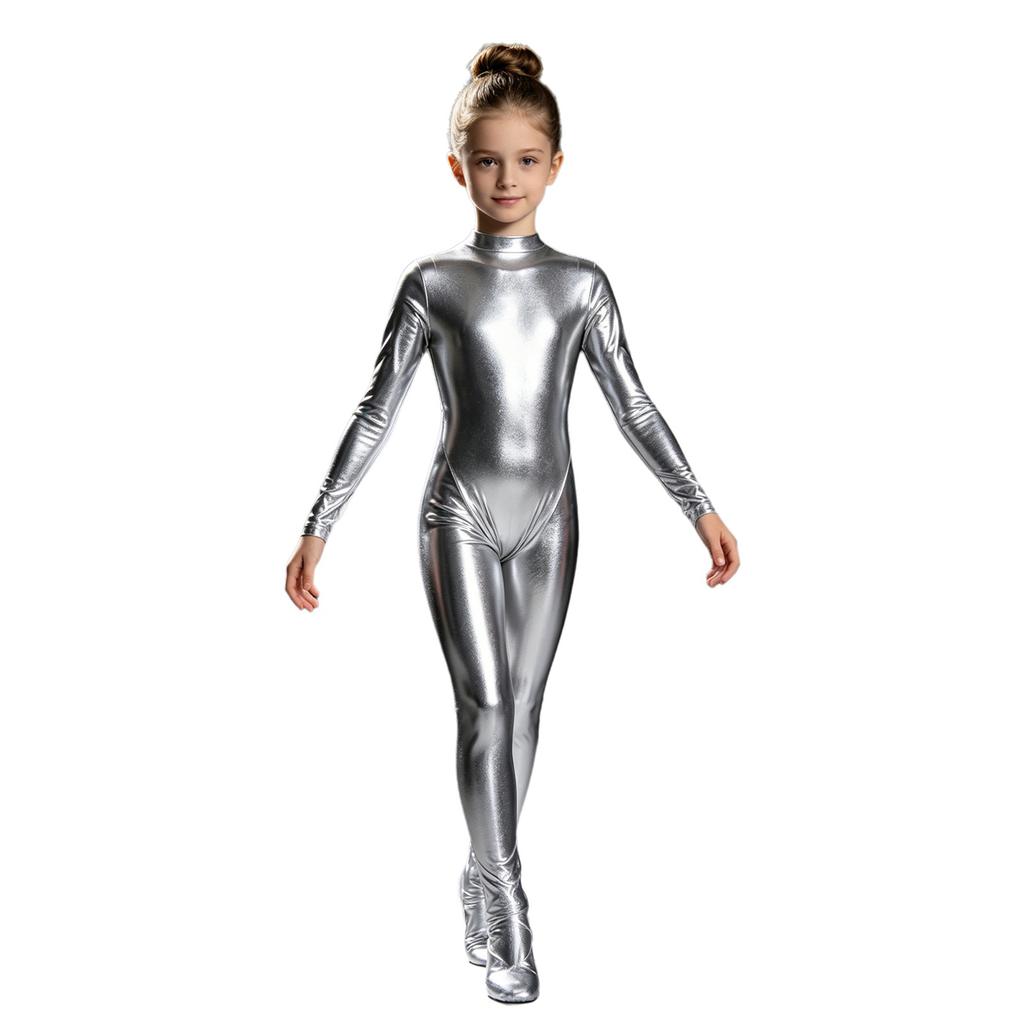 Long Sleeve Front Zip Metallic Footed Bodysuit for Girls Shiny Unitard Jumpsuit Stage Performance Dance Competition