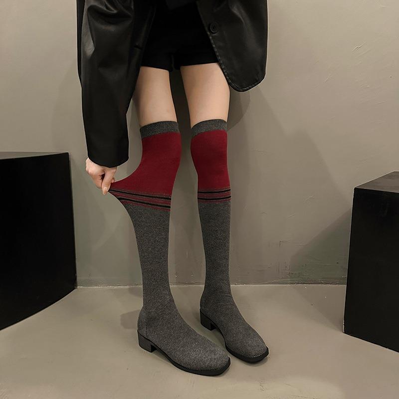 Autumn Fashion Thin Elastic Thin Boots Women's Knitted Color Matching Knee Piling Boots New Two-wear Socks Boots