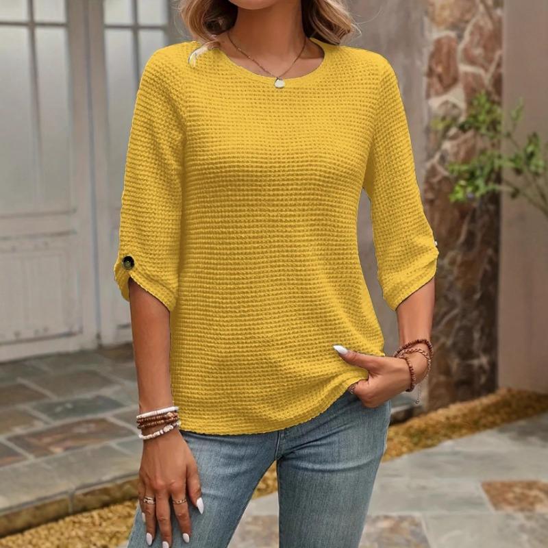 2025 Spring Autumn and Winter New Women's Casual Button Decorated Mid-Sleeve Solid Color Versatile Round Neck Top