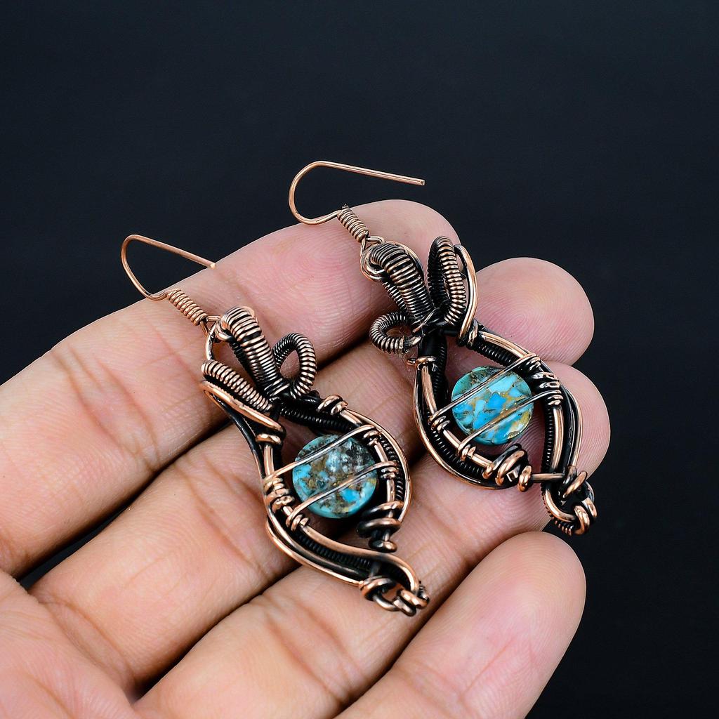 Blue Copper Turquoise Handmade Gemstone Earrings,  999 Copper Wire Wrap Earrings Antique Jewelry, For Engagement Gift