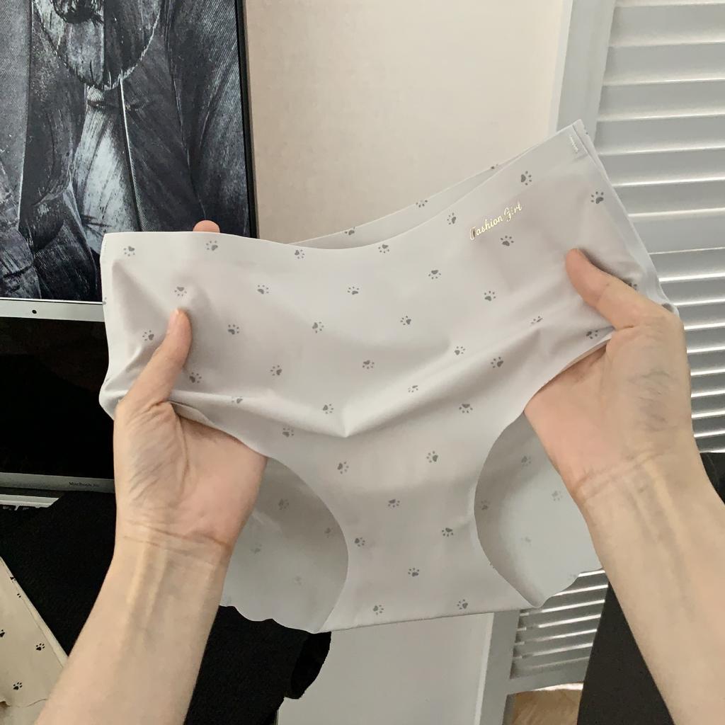Ladies Summer Cat Footprints Print Ice Leather Quick Drying Peach Hip Non Hip Hip Mid Low Waisted Briefs