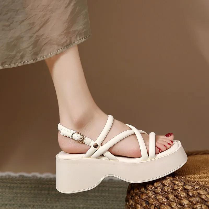 2024 New High Heels Cross Strap Thick Sole Matsuke Shoes Roman Sandals for Women