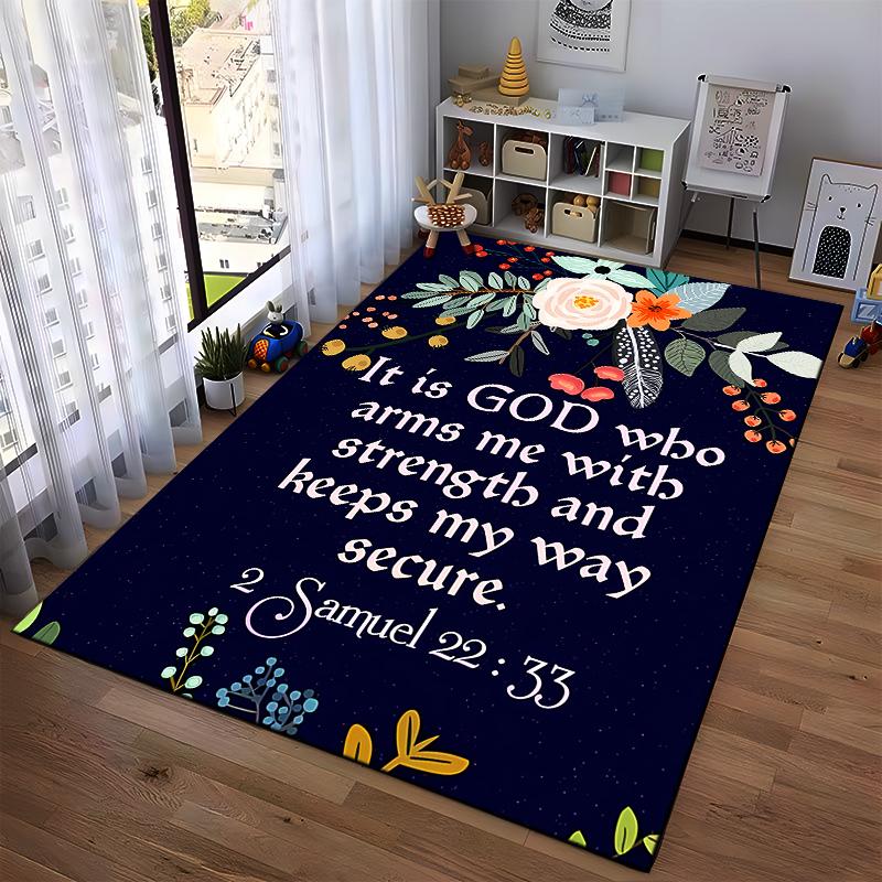 Floral Bible Verse Design Rug Non-slip Rug Suitable for Living Room and Bedroom Sofas.