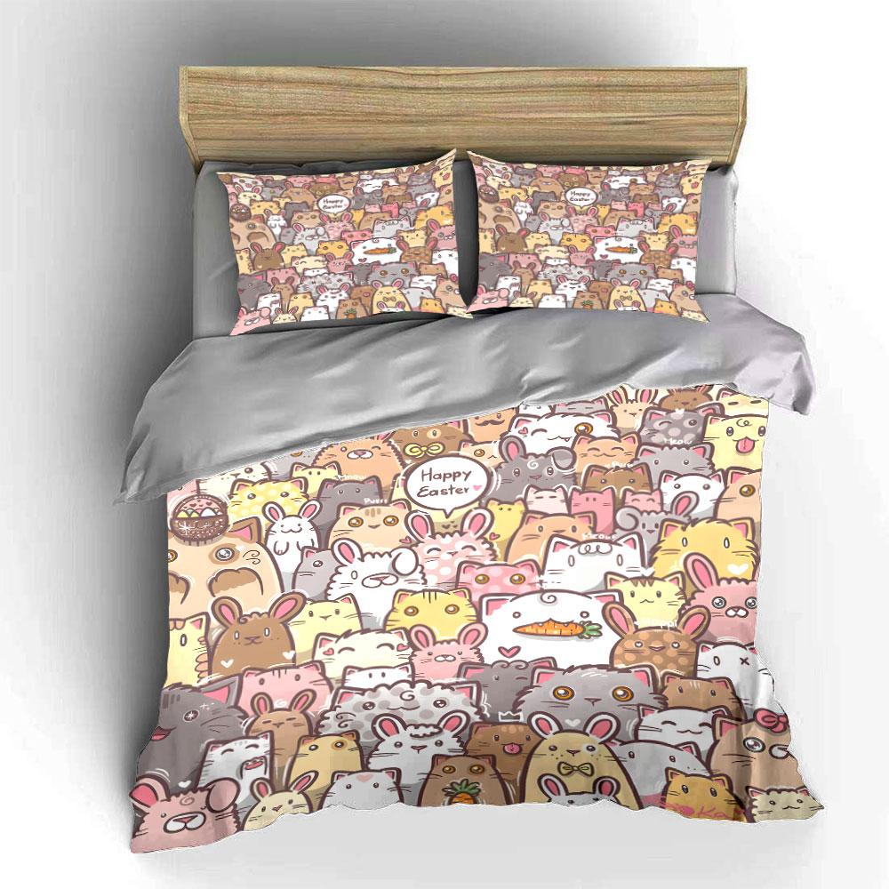 Cute Easter Bunny and Cat Print Bedding Duvet Cover Set  (1*Duvet Cover 2*Pillowcases, without duvet insert)