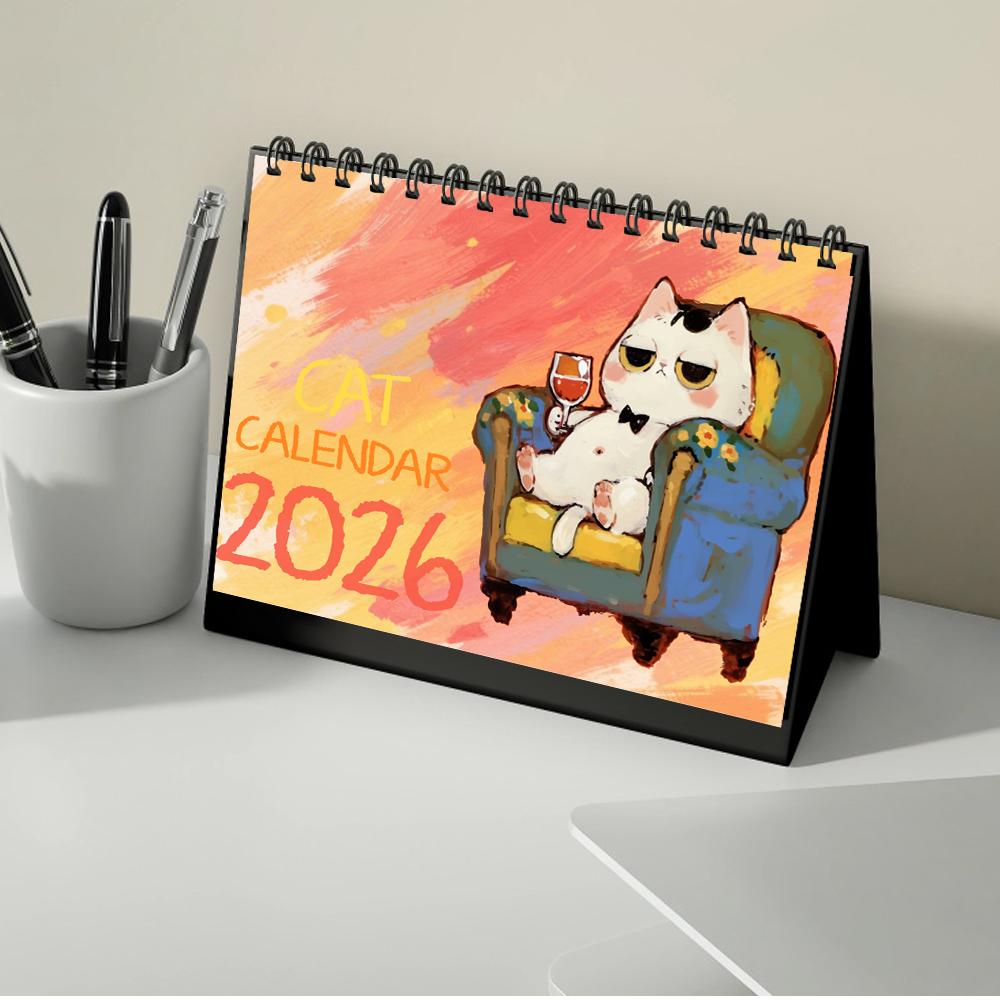 1pc 2026 Calendar, Cartoon Hand Drawn Cat Theme Desktop Calendar, Standing Desk, Perfect Gift for Birthdays & Holidays