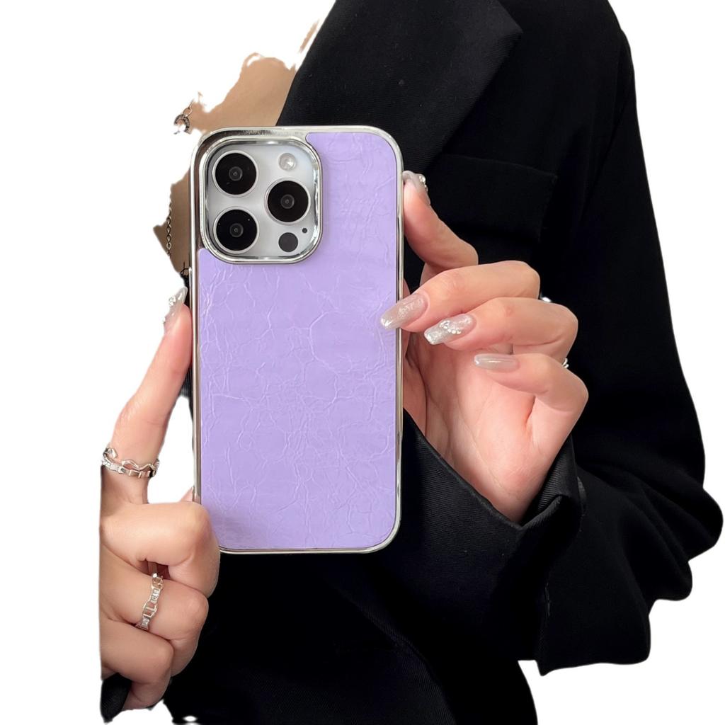 16 Glossy Leather Pattern Electroplating Frame Mobile Phone Case Is Suitable for Apple 15PROMAX Creative 14 Trend 13 Large Holes 12 Stickers