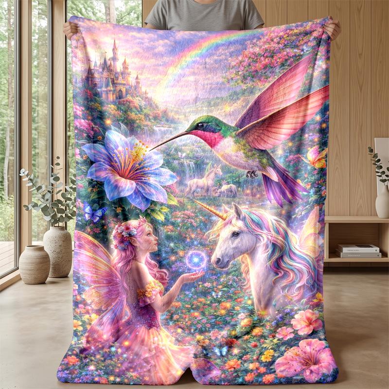 Fairy and Unicorn in Fantasy Forest Theme blanket Lightweight Warm Flannel Blanket Decorative Throw Blanket for Home Decoration