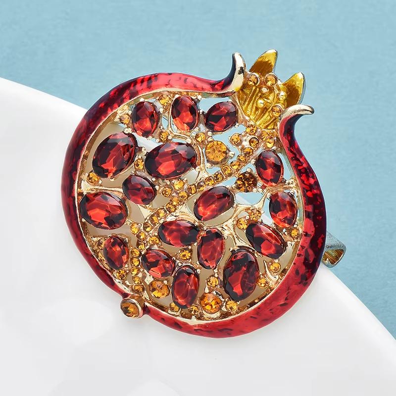 Red Crystal Pomegranate Plant Brooch Pins For Women Summer Jewelry Gift Bag Suit Accessory
