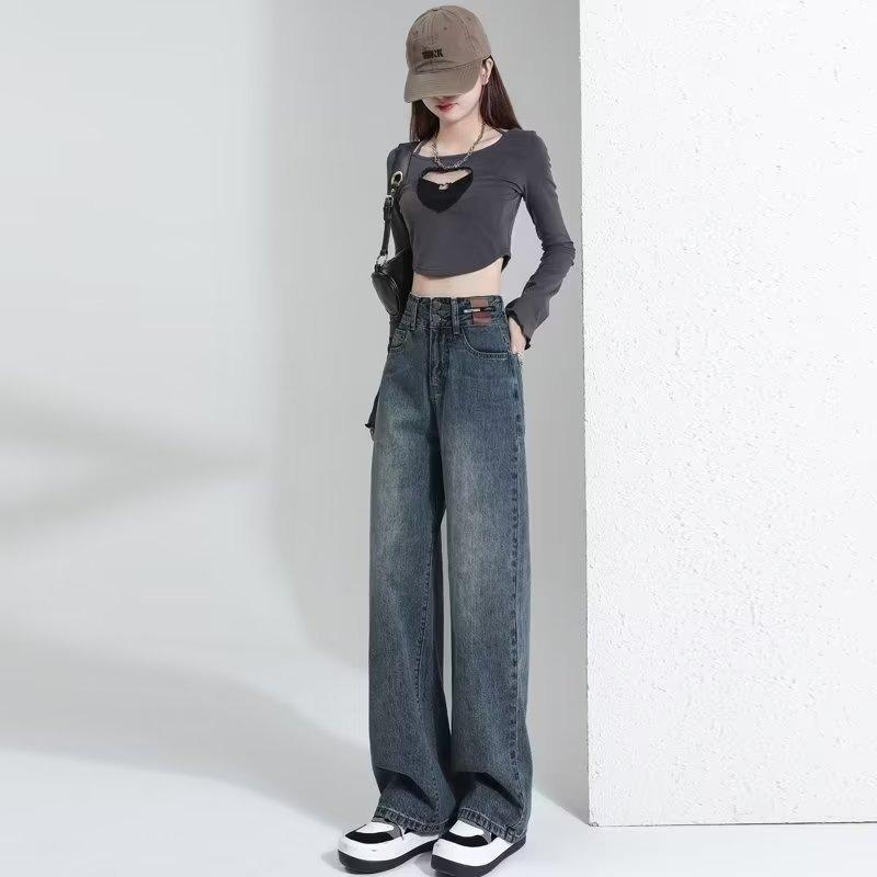 Nostalgic Retro Jeans Women's Spring Leather Brand Design Sense Ic Loose High Waist Straight Mopping Pants