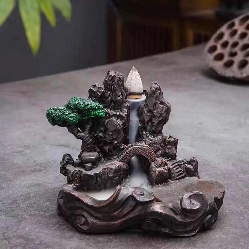 Creative Resin Backflow Incense Burner with High Mountain Flowing Water and Clouds Aromatherapy