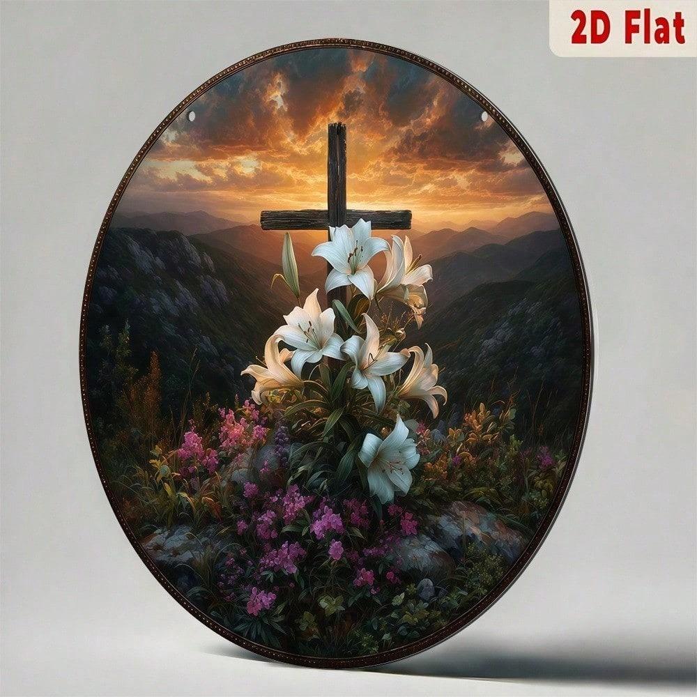 Peaceful Cross with Lilies Sunset Valley 2D Flat Metal Wall Art Outdoor Religious Memorial Plaque