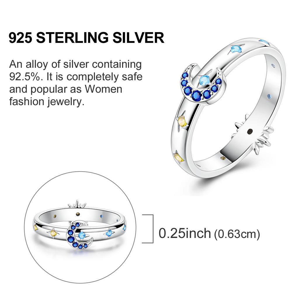 925 Silver Rings Original Design Blue Zircon Star Moon Finger Rings For Women High Quality Wedding Jewelry Gift