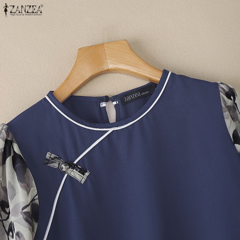 ZANZEA Damen Lässige Rundhals 3/4 Ärmel Locker Patchwork Bluse
