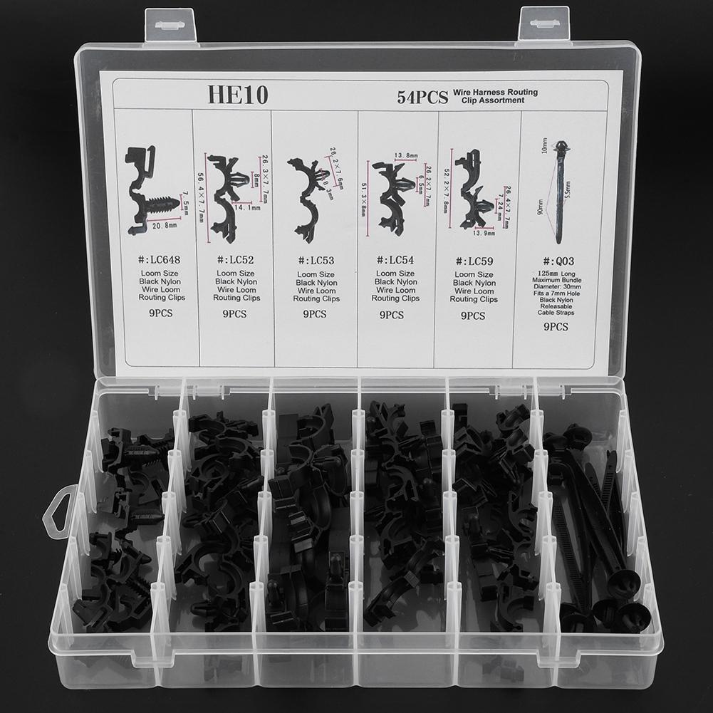 54pcs Assorted Car Body Wiring Harness Fastener Wire Routing Clip Convoluted Conduit Clip