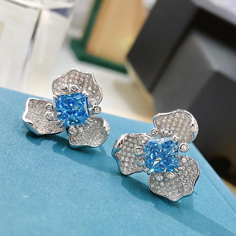 Luoxi Silver Aquamarine & Diamond Flower Earrings for Women