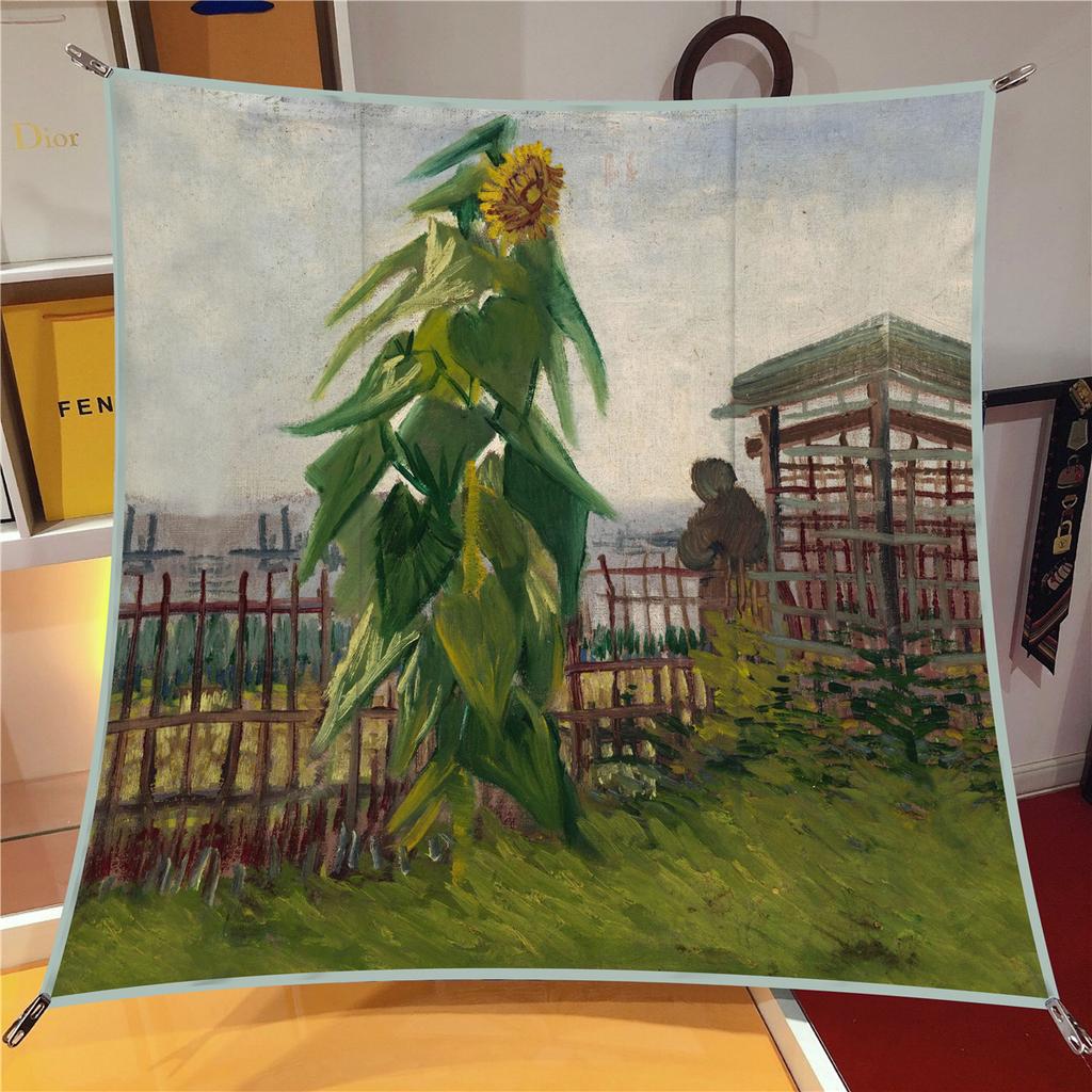 New Silk Scarf Women Sunflower Print Square Scarves Head Echarpes Silk Foulard Femme Wraps Beach Shawls Bandana Lady Hijabs 90CM