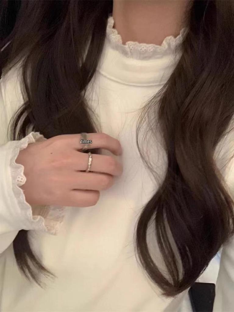 Women's Lace Trim Velvet Turtleneck Long-Sleeve Top for Autumn/Winter 2025