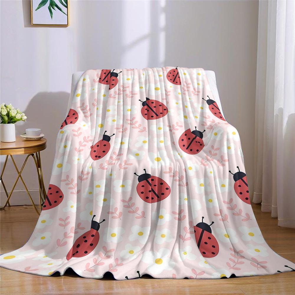 Ladybug & Florals Flannel Blanket Warm Soft Halloween Christmas Couch Warm Cozy Decorative Decor Gift for All Season