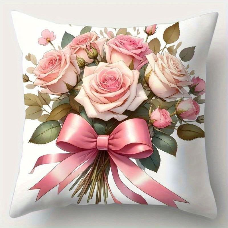 Soft Pink Rose Pillowcase: Romantic Basket & Bow Pattern Cushion Cover For Elegant Sofa Bedroom Home Decor