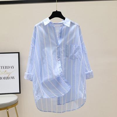 Pure Katoen Lange Mouwen Gestreept Dames Lente en Zomer Dunne Koreaanse Stijl Mode Vest Shirt Dames