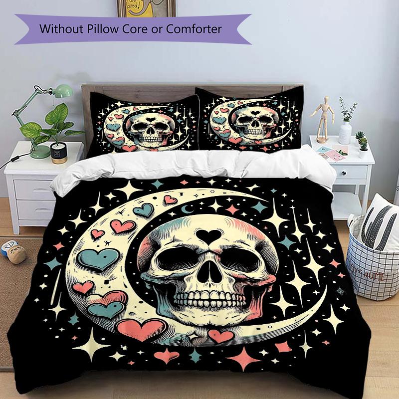 

3pcs Skull & Moon Quilt Cover Set (1 Quilt Cover + 2 Pillowcases Without Pillow Core), High-Definition Printing for Home and Dormitory.L097 135x200cm