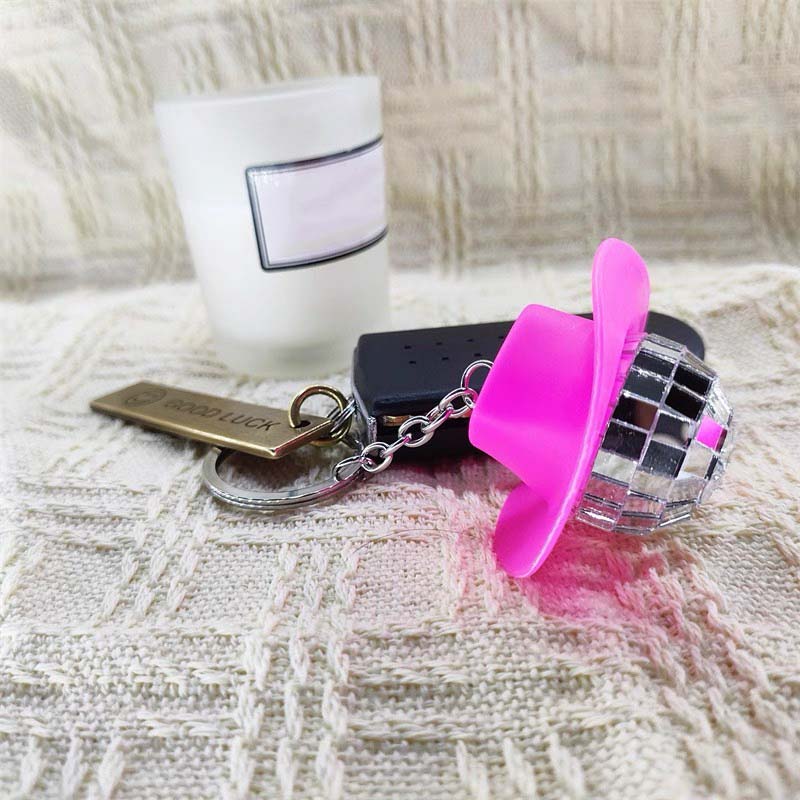 WTEMPO Cowboy Hat Mini Disco Ball Keychain Bling Disco Ball Keychain Ornament DIY Retro Keychain Set Car Key/Door Key/Bag Christmas Tree Decor Pendant