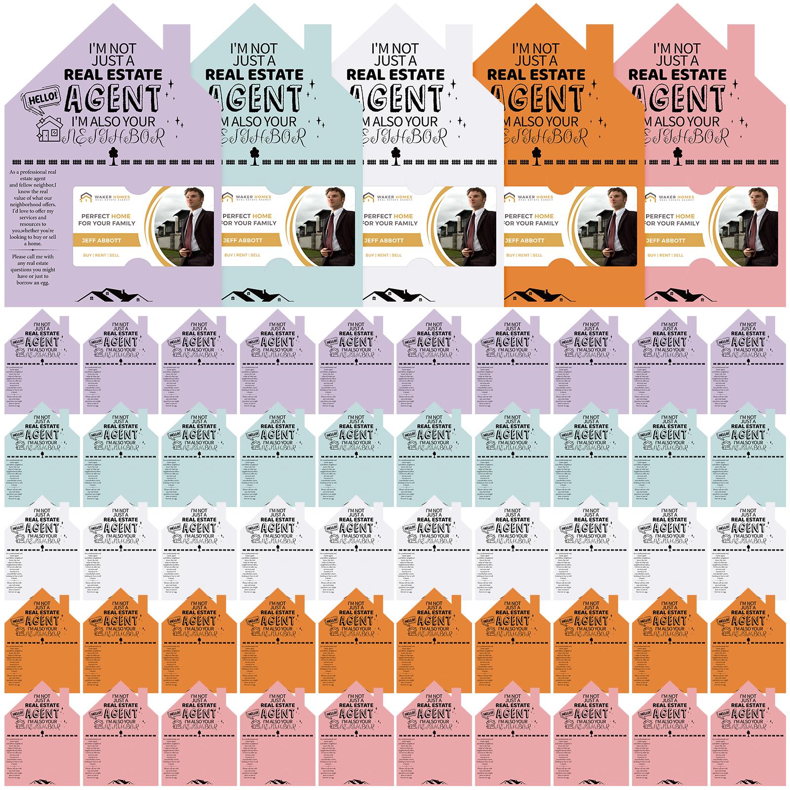 

50-Pack Real Estate Agent Cards Kit-House-Shaped Cards (5X7 ) Business Card Slot-5 Colors-Open House Marketing Supplies For Real синий