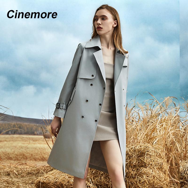 Cinemore Podzimní dlouhý trenčkot pro ženy Ležérní bunda Větrovka Dvouřadá klopa Přepásaný kabát Dámský elegantní kabát