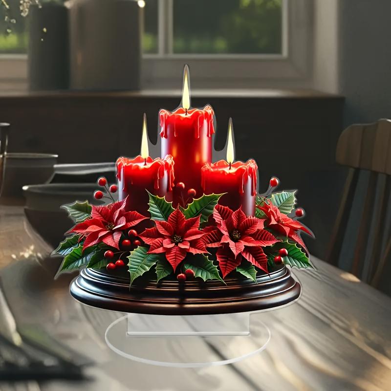 

Acrylic Christmas Centerpiece with Red Candle & Berries - Versatile Holiday Decor for Home, Office, Coffee Shops | Perfect Gift for Friends червоний