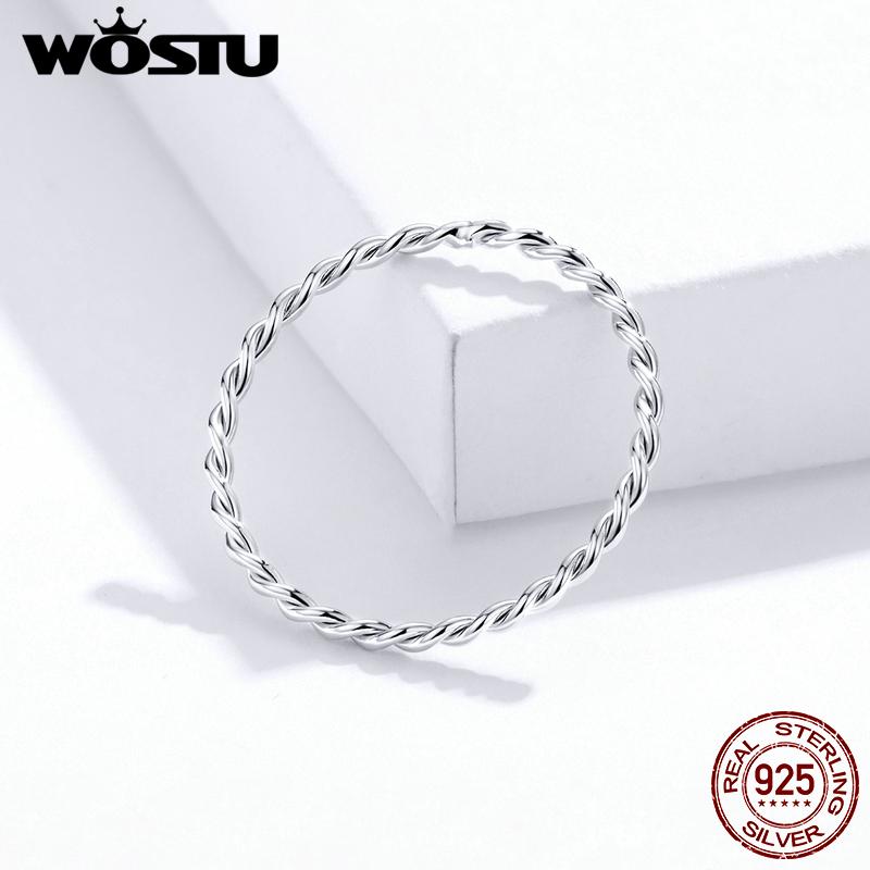 WOSTU Genuine 925 Sterling Silver Minimalist Twist Rings Finger Stackable Simple Ring Korean Style Party Jewelry Gift CQR6402