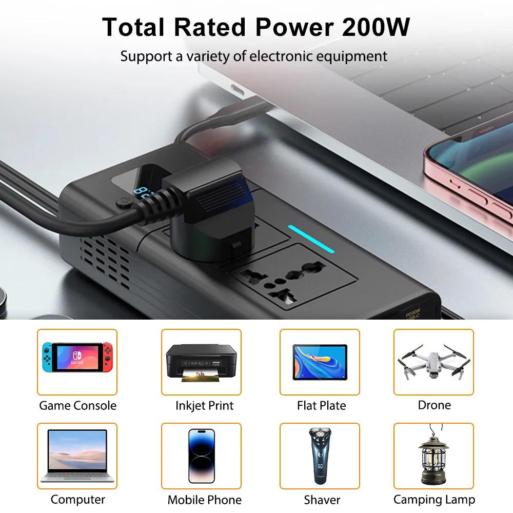 Autoinvertor AC 12V na DC 220V Měnič napětí a výkonu 200W pro 12V vozidla
