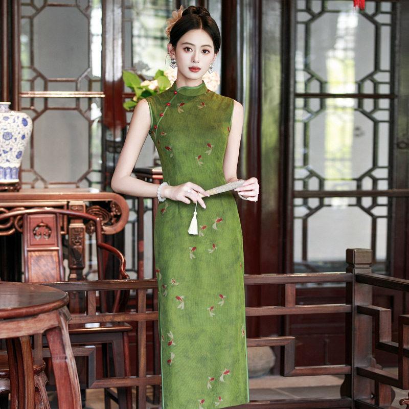 Yeşil kolsuz milli tarz yeni Çin Suzhou uzun cheongsam geliştirilmiş genç kadınlar için yüksek kaliteli yazlık günlük giyilebilir
