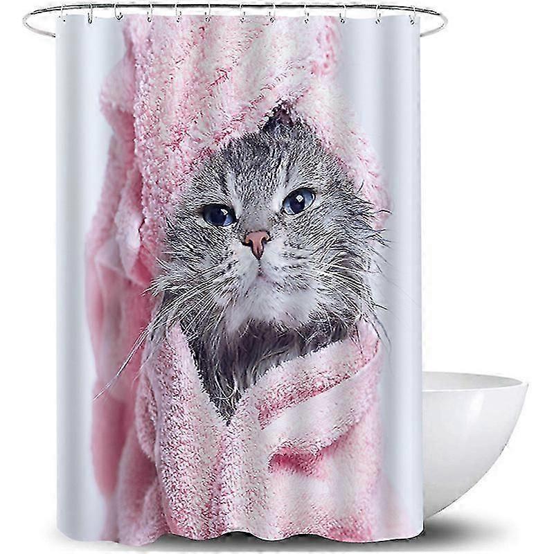 Animal Shower Curtain 180 X 200 Cm, Waterproof, Anti-Mildew Fabric, With Shower Curtain Rings, Cat Washable Shower Curtain 180 X 200 Cm