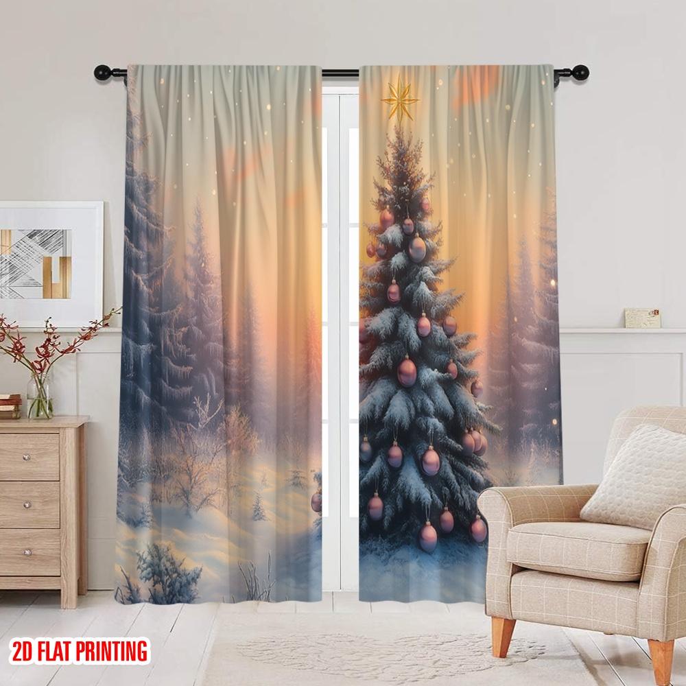 2pcs,2D Plane Printing Print Curtains Christmas Tree Snow Winter Sunset (3) 100% Polyester (without Rod) Festive Use for