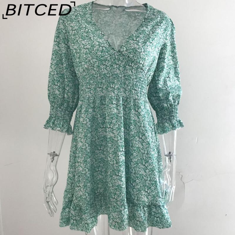 BITCED Summer Floral Print Mini Dresses Women Vintage Sexy A-Line V-Neck Half Sleeve Party Dress Female Casual Elegant Beach Dress