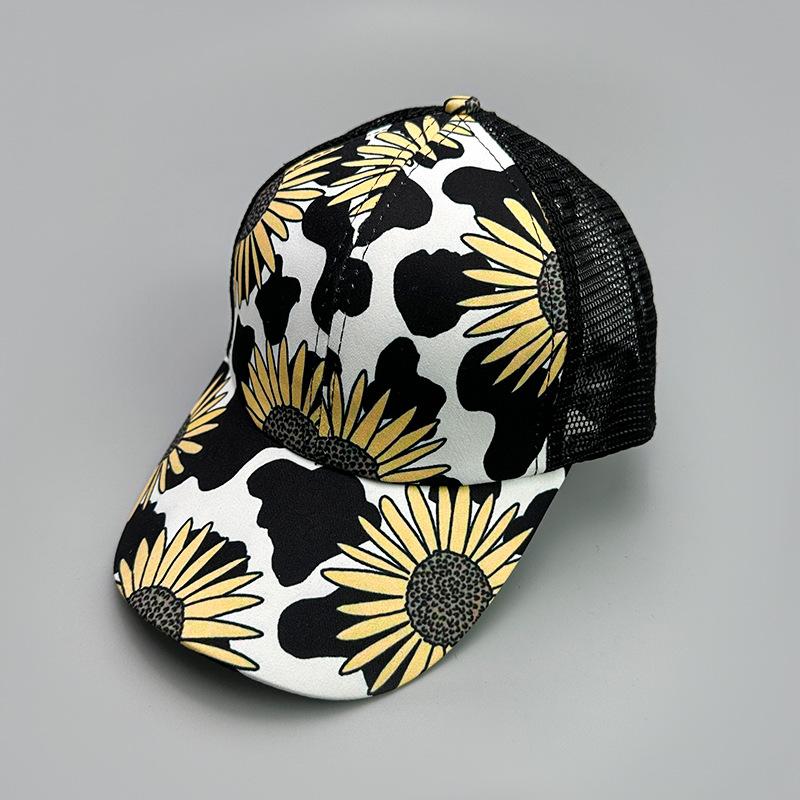 

Baseball Caps Latest Women Air Permeable Criss Cross Ponytail Sun Protection All-Match Fashion Half Mesh Caps Print Sunflower Chrysanthemum 52-60cm