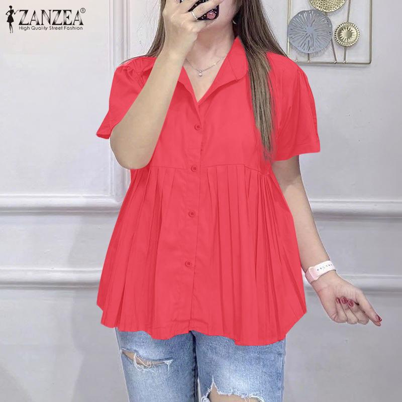 ZANZEA Women Turn Down Collar Summer Casual Short Sleeve Blouse